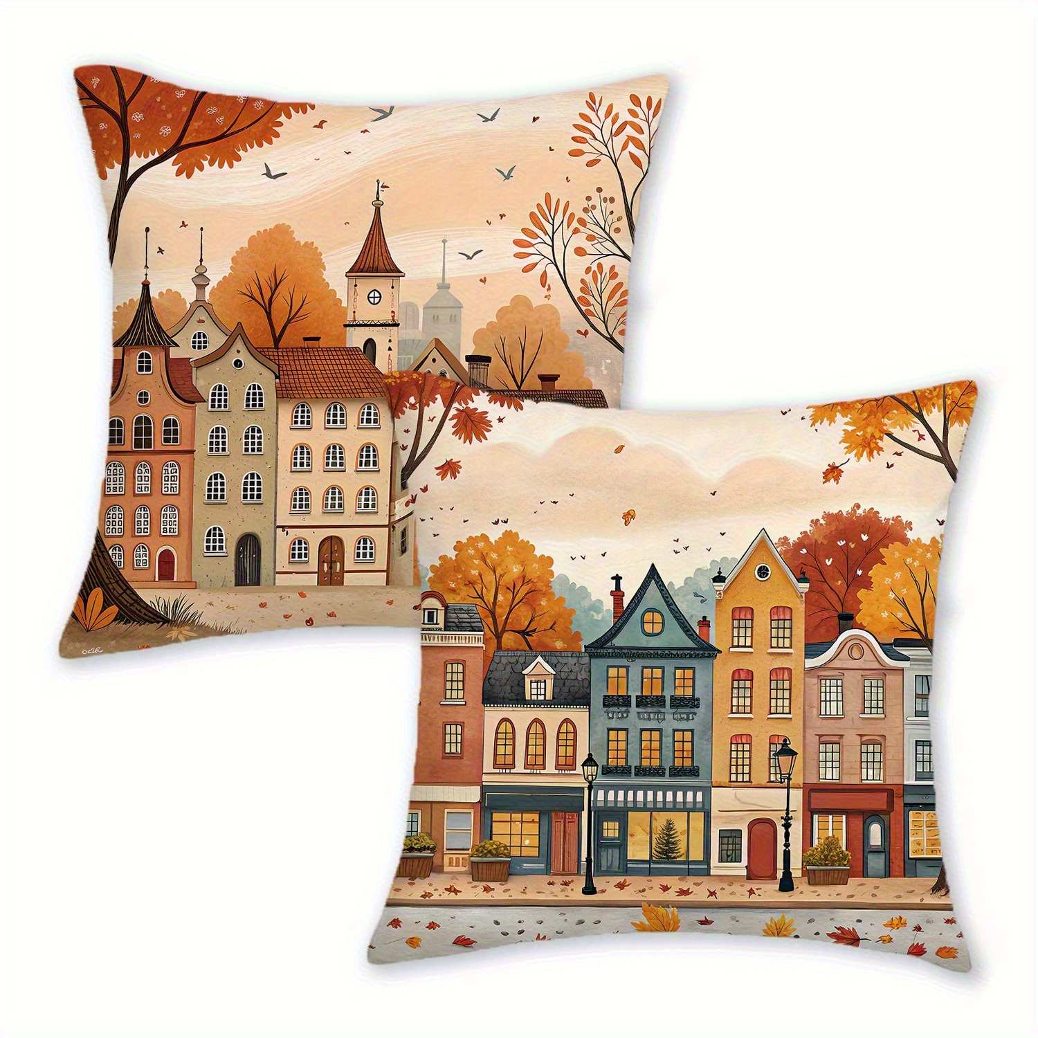 TEMU 2 Quirky Autumn City Maple Leaf Printed Pillow Covers, Perfect For Fall Thanksgiving Decor. Machine Washable, Made Of Polyester With Zipper,