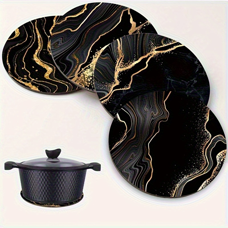 TEMU 4pcs Luxurious Black And Wooden Tripod Coasters - Black And Golden Round Heat-resistant Pot Stands, Multifunctional Non-slip For Kitchen, Table,