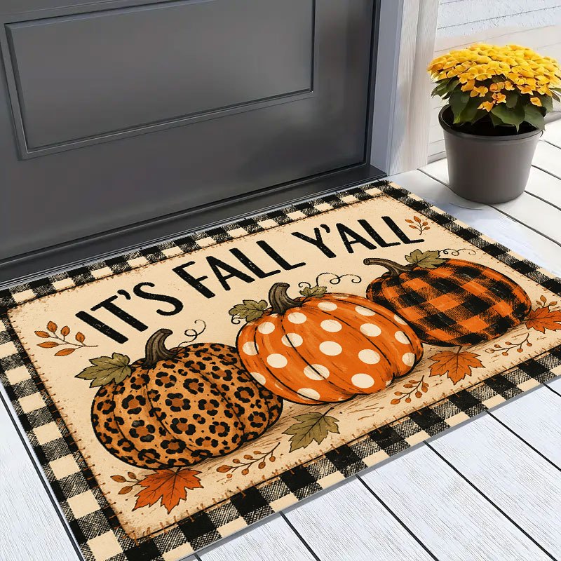 TEMU 1pc Rectangular Welcome Mat, Halloween Pumpkin Fall Printed Pattern, Nonslip And Washable Mat, Flannel Material Is Soft, Comfortable And Easy To