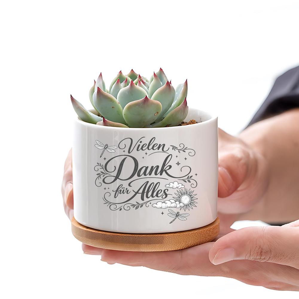 TEMU Outdoor Vasen, "Vielen Dank Für Alles" Kalligraphie Libelle Sonne & Wolken Motive Keramik Pflanztopf, Minimalistischer Vintage Weißer Topf mit