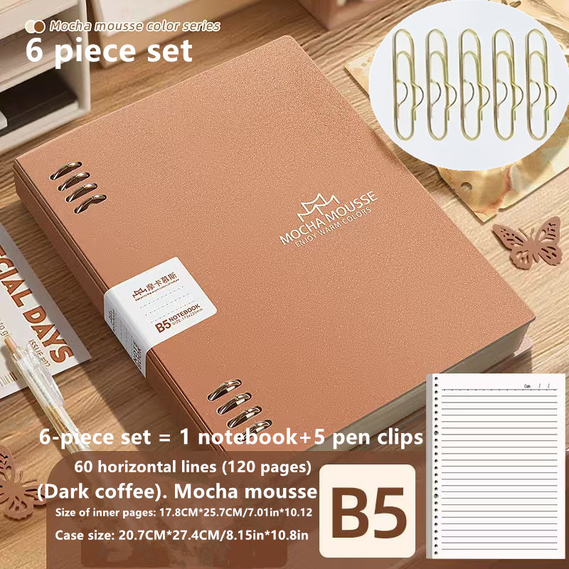 TEMU Ensemble de 6 pièces comprenant (1 carnet et 5 clips de stylo) Série couleur mousse moka A5/B5 Carnets à feuilles mobiles Non irritants Bobines
