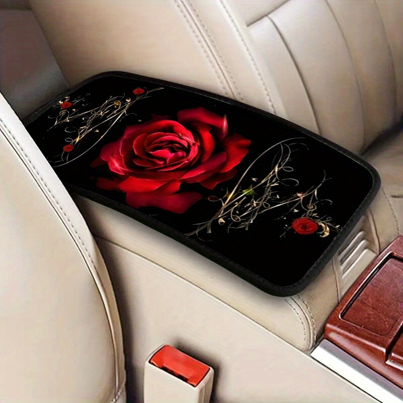 E-shop 1 Stück, Auto-Armlehnenpolster im roten Rosen-Design – Bequeme Mittelkonsolenmatte mit Blumenmuster, passend für Autos, Limousinen, SUVs, Vans –
