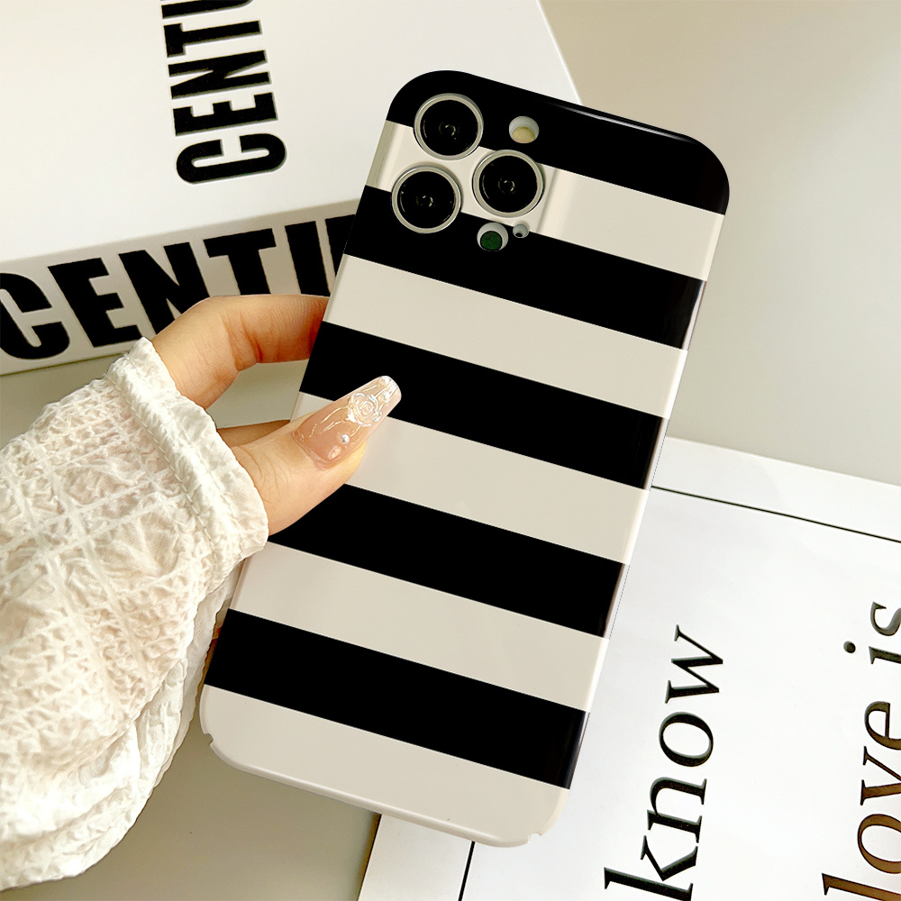 TEMU Phone Case - 2d Printing, 1pc Black And White Striped Minimalist Suitable For Iphone 17 16 15 14 13 12 11 Pro Max Xs Max Xr Anti-drop Precision