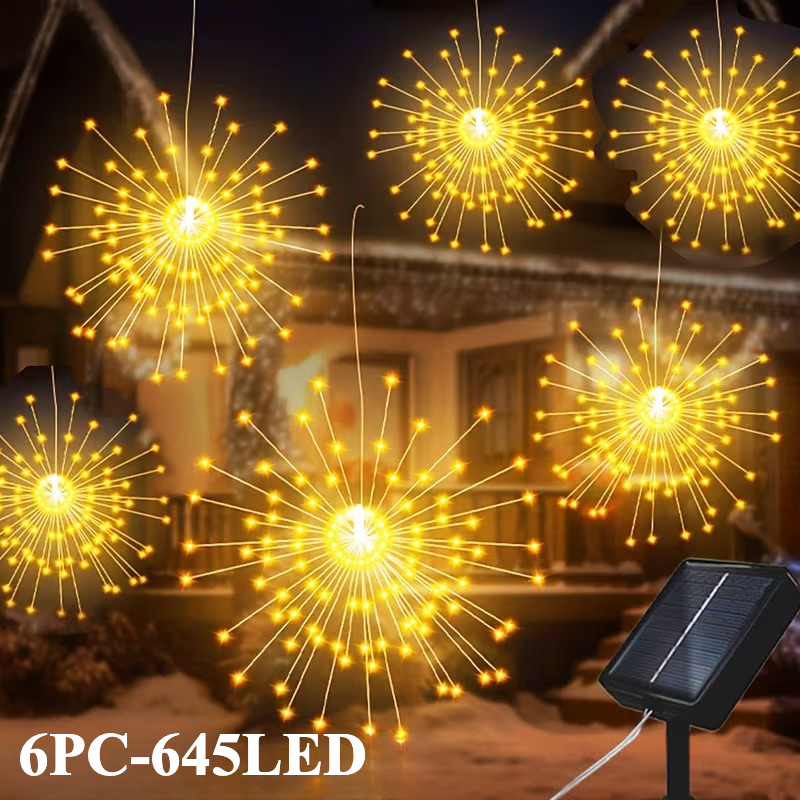 TEMU 6 Set-645led Solar Fireworks Light, Outdoor Fairy Light String, 8 Flashing , Garden Solar Hanging Fireworks Light, Durable Copper Wire Material,
