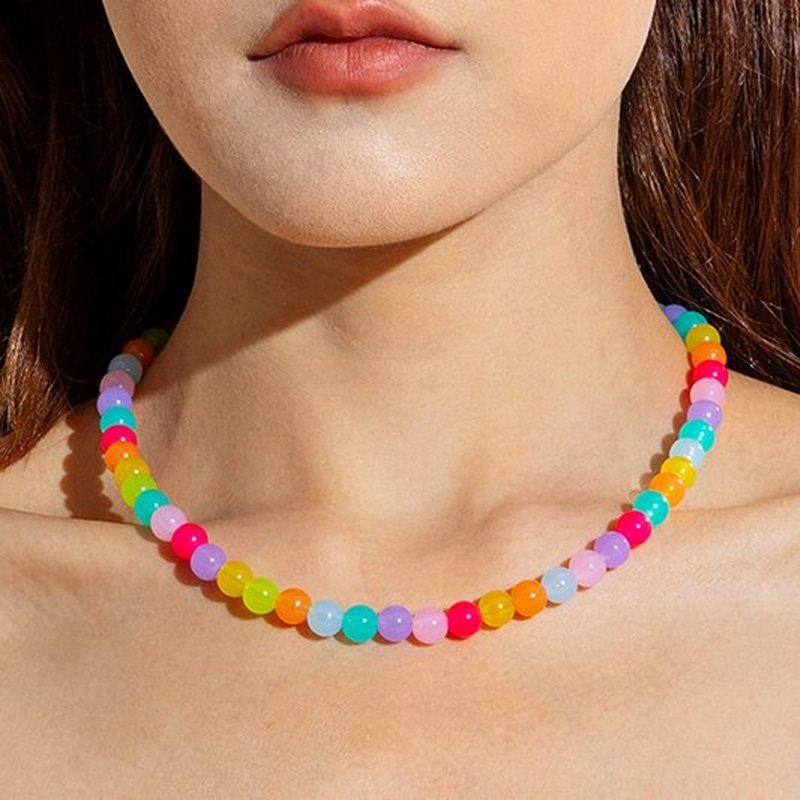 TEMU 1 Casual Dopamine Colored Round Bead Clavicle Chain With Random Color Bead Atmosphere Necklace Suitable For Women' Parties, Perfect Gift For