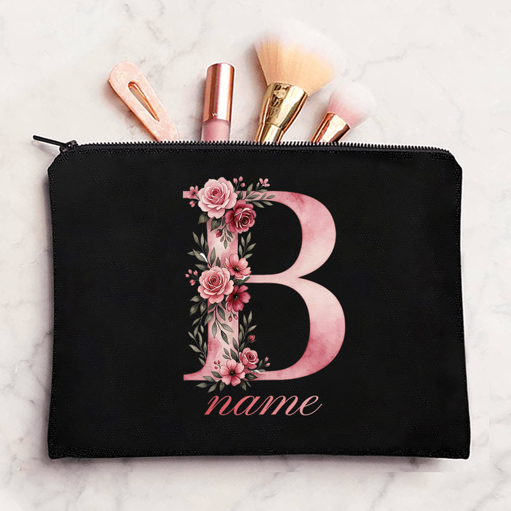 TEMU Personalized Floral A- Bag For Women, Easy Cosmetic Case, Custom Initials For Bridesmaids, Portable Travel Toiletry Bag, Versatile Pencil Case