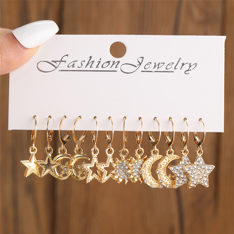 TEMU 6 Pairs Exquisite Luxurious Star Moon Earring Set Women's Fashion Drop Earrings