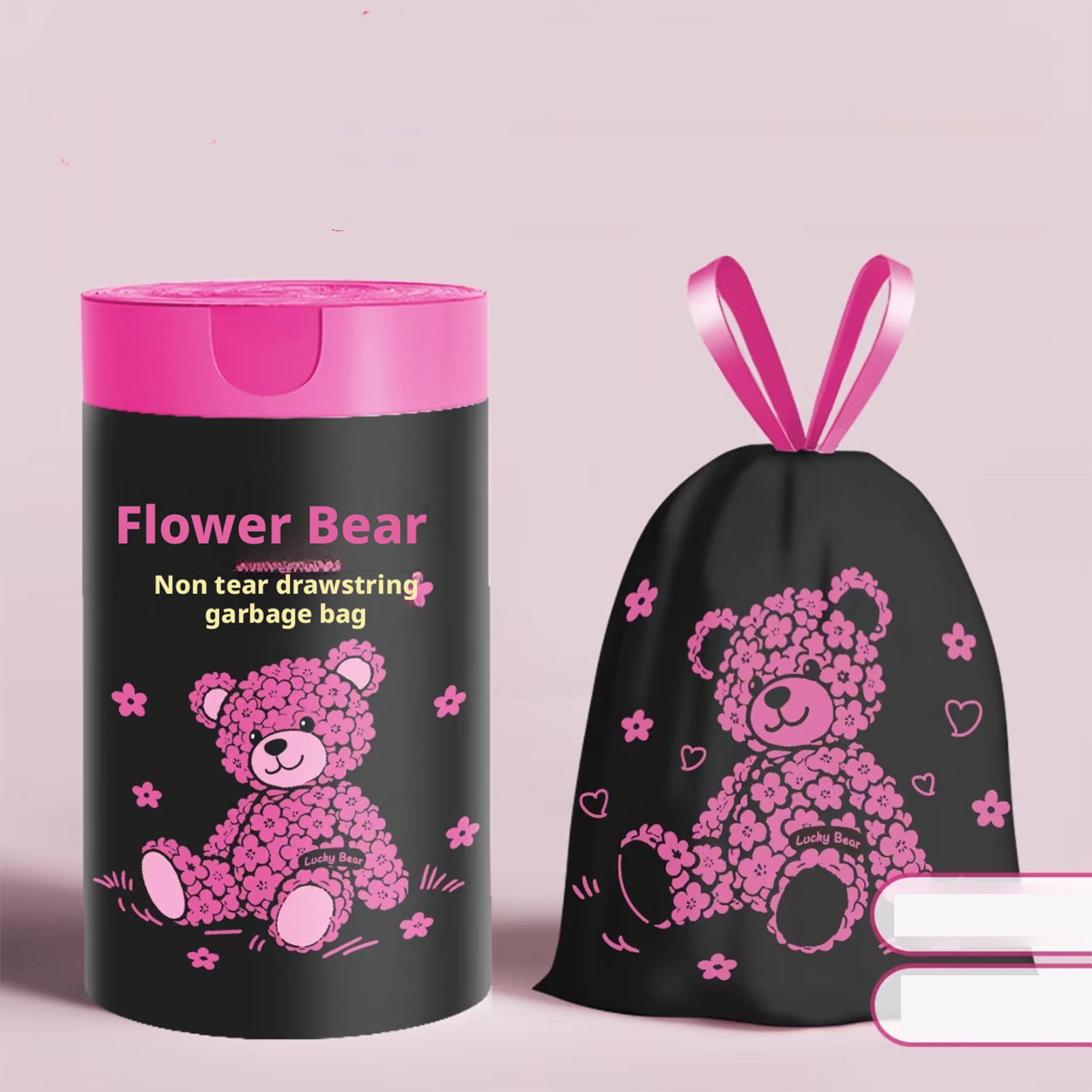 Image of 1 Roll/ 100pcs Cherry Bear Scented Trash Bags - Heavy-duty Drawstring Trash Bags With Anti-tear Design, Large 45x45cm Capacity, Scented Bags, Ideal For Daily Use