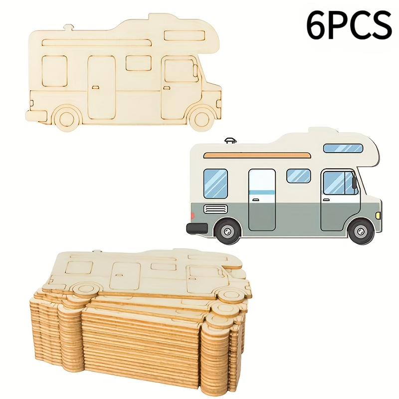 TEMU 2d Flat Set Of 6 Unpainted Wood Rv And Car-shaped Hanging Ornaments, Suitable For Diy Crafts And Holiday, Wedding, Birthday Party Decorations, A