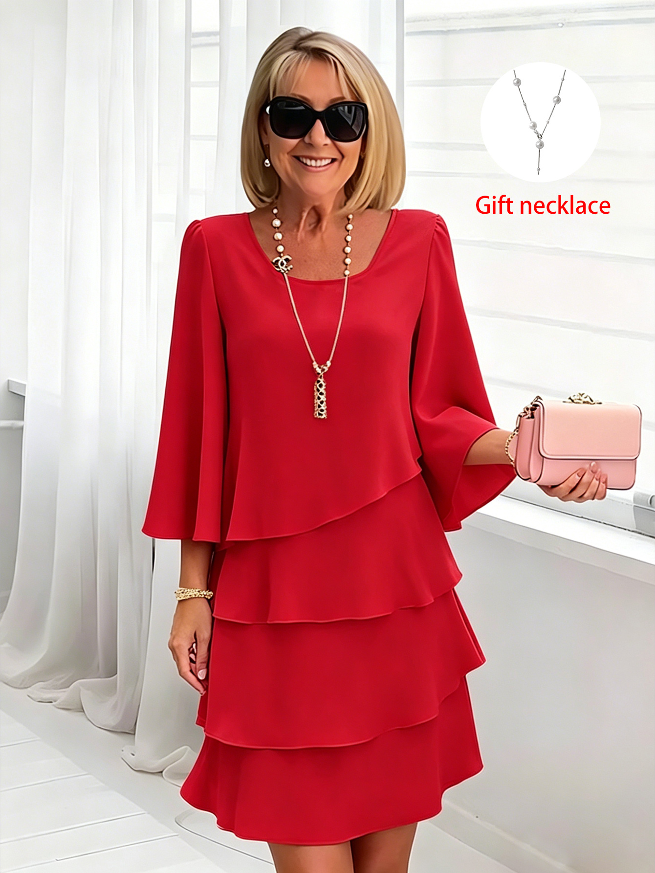 item picture womens spring summer elegant tiered midi dress loose solid color crew neck 3 4 sleeve flowy dress