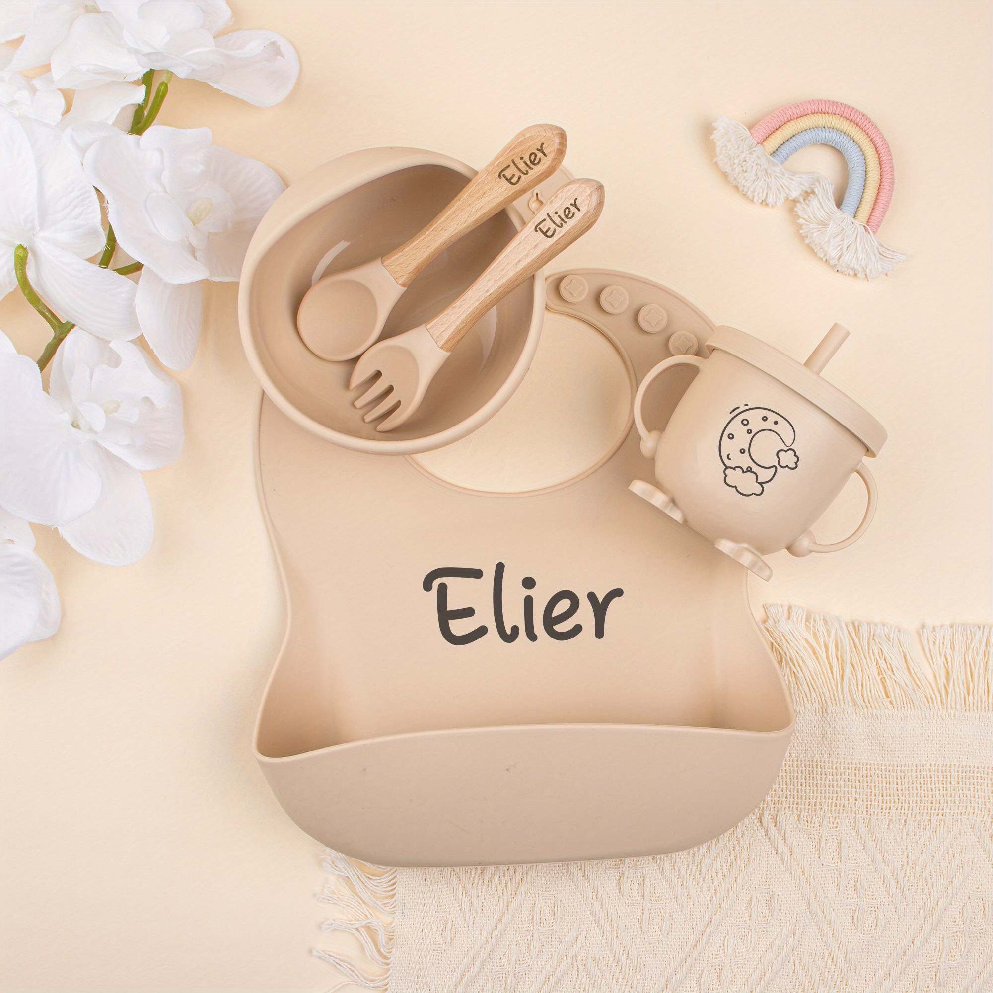 Personalized Engraved Silicone Bib, Suction Bowl And Plates, Spoon Feeding Set, Baby-led Weaning Supplies, New Baby Toddler Dinnerware