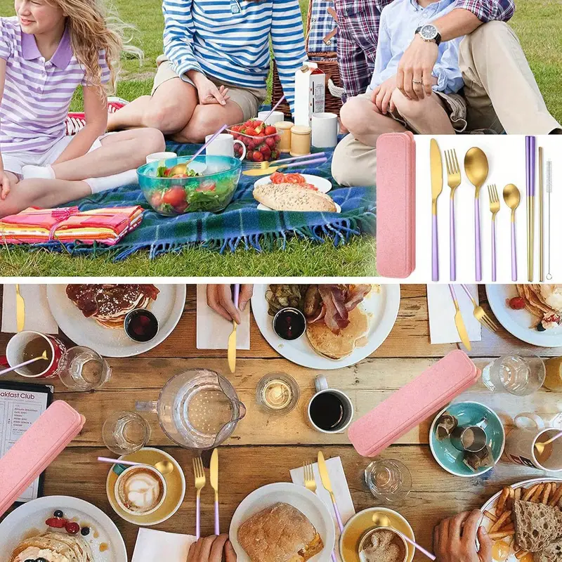 8pcs stainless steel flatware set portable reusable cutlery set travel utensils set including chopsticks knife straws cleaning brush dishwasher safe b purple golden Product details 6