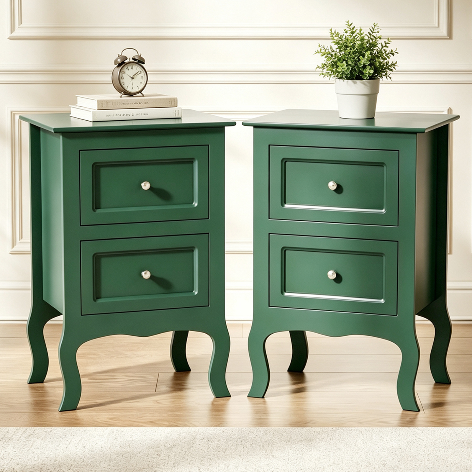 Image of Upgraded Solid Wood Navy Blue Nightstand With 2 Drawers, Heavy-duty Bedside Table With Curved Legs, End Table With Storage For Bedroom Living Room, 23.62' Tall