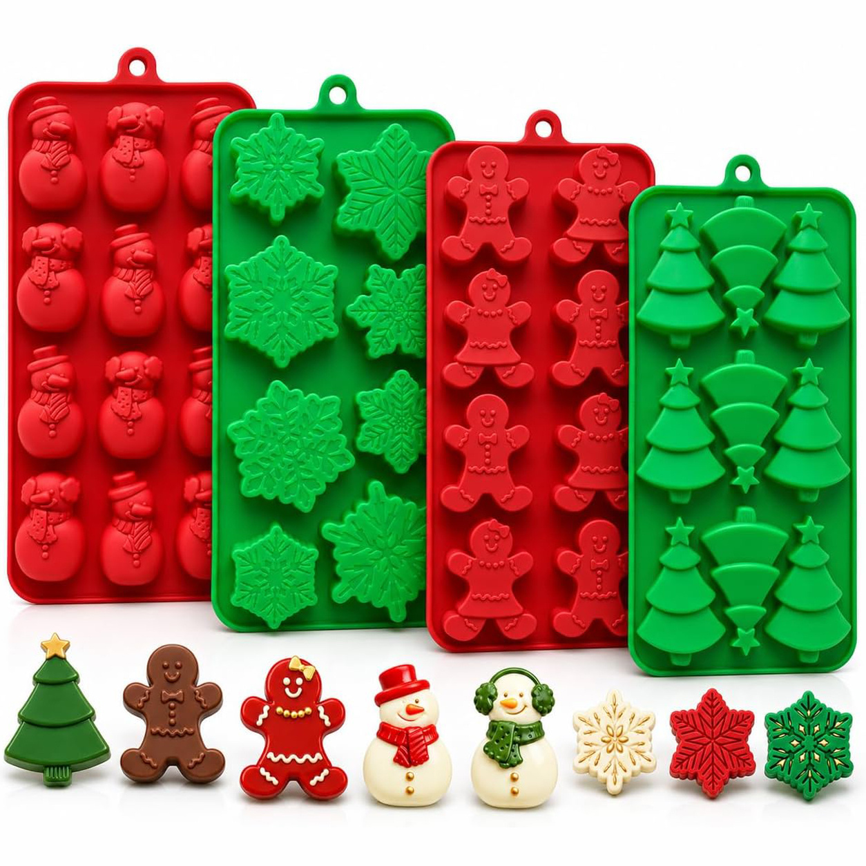 TEMU 4pcs Christmas Silicone Chocolate Molds, Gingerbread For Man, Christmas Tree, Snowflake And Snowman Shapes, Baking Molds For Chocolate, Gummies,