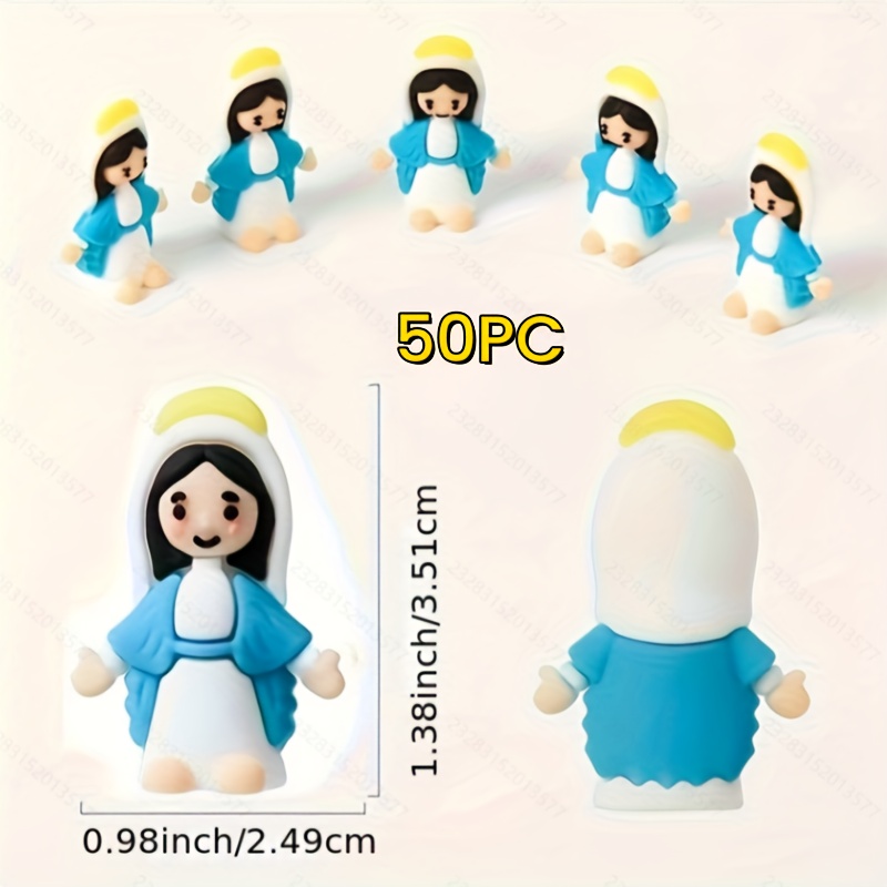 TEMU 50 Pezzi di Piccole Statuette - Mini Statuette Blu e Bianche Atossiche con Abbigliamento a Rosario, Bambole Religiose Portatili Autoportanti,