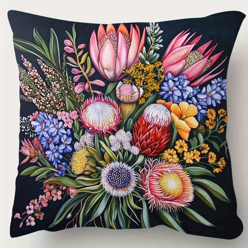 TEMU 1pc Double-sided Short Pillowcase- Australian Native , Vibrant With Black Background, 18x18inch Traditional Style Zipper Closure, Suitable For