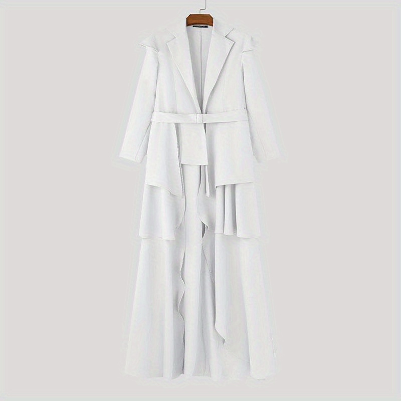 INCERUN Men's Stylish Streetwear Tiered Layer Ruffle Asymmetric Hem Long Sleeve Loose Thin Simple Hippy Punk Casual Jacket Outerwear with Adjustable Belt