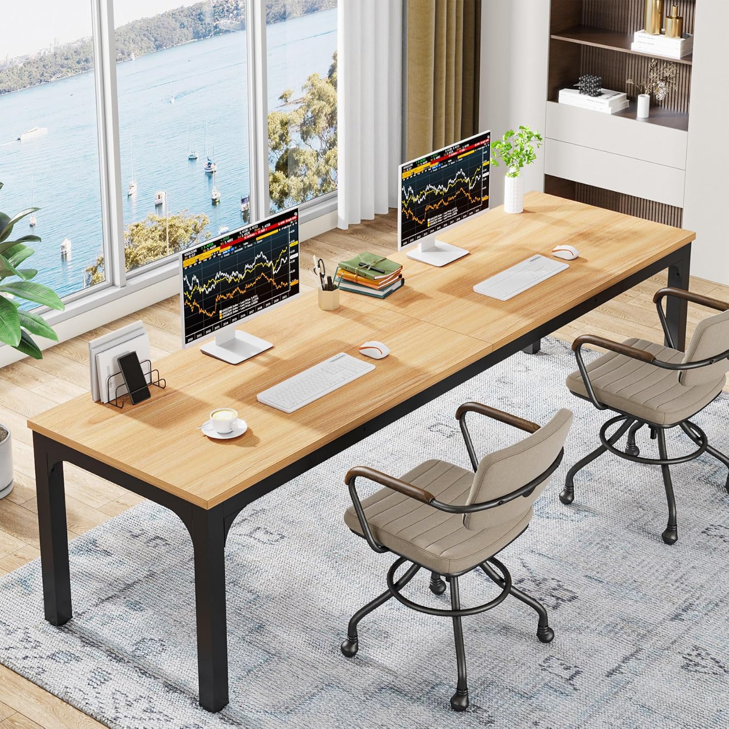 78.7 Inches Extra Long Computer Desk | 2 Person Double Long Desk, Workstation For Home Office, Brown Oak Finish, Wood Top, Metal Base, 3 Utility Drawers, Floor Mount