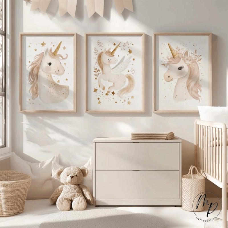 E-shop 3-teiliges (ohne Rahmen Leinwandposter) Posterset Einhorn Babyzimmer Kinderzimmer Dekorationsbilder Set Goldene Sterne Wandbild Geburtstags-