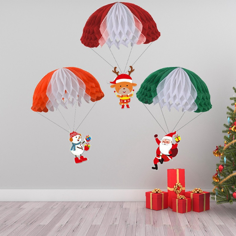 TEMU 3pcs Christmas Parachute Paper Honeycomb Hanging Decorations, Creative Red Santa Claus/reindeer/snowman Design, Festive Party & Holiday Scene