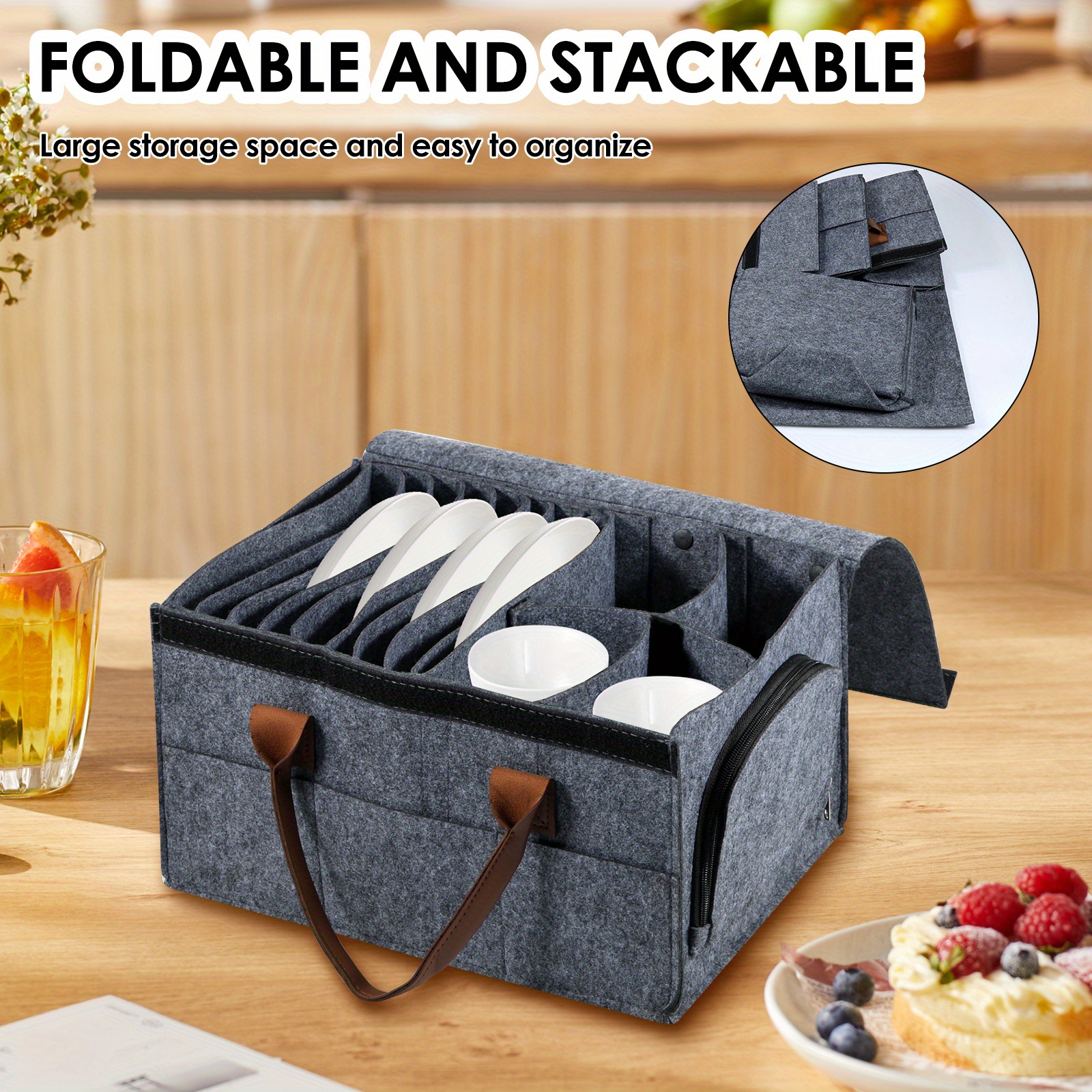 foldable and stackable large storage container with removable divider dustproof organizer for plates bowls cups and glassware ideal for home and camping dish storage container 0
