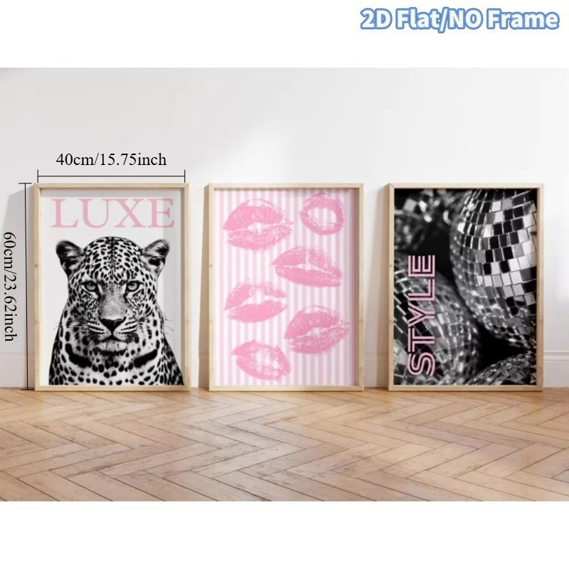 TEMU 2d Flat, 3pcs Modern Vertical Frameless Wall Suitable For Halloween, Easter, Thanksgiving Gifts - Pink Leopard Print Kissing Disco Ball, Gallery