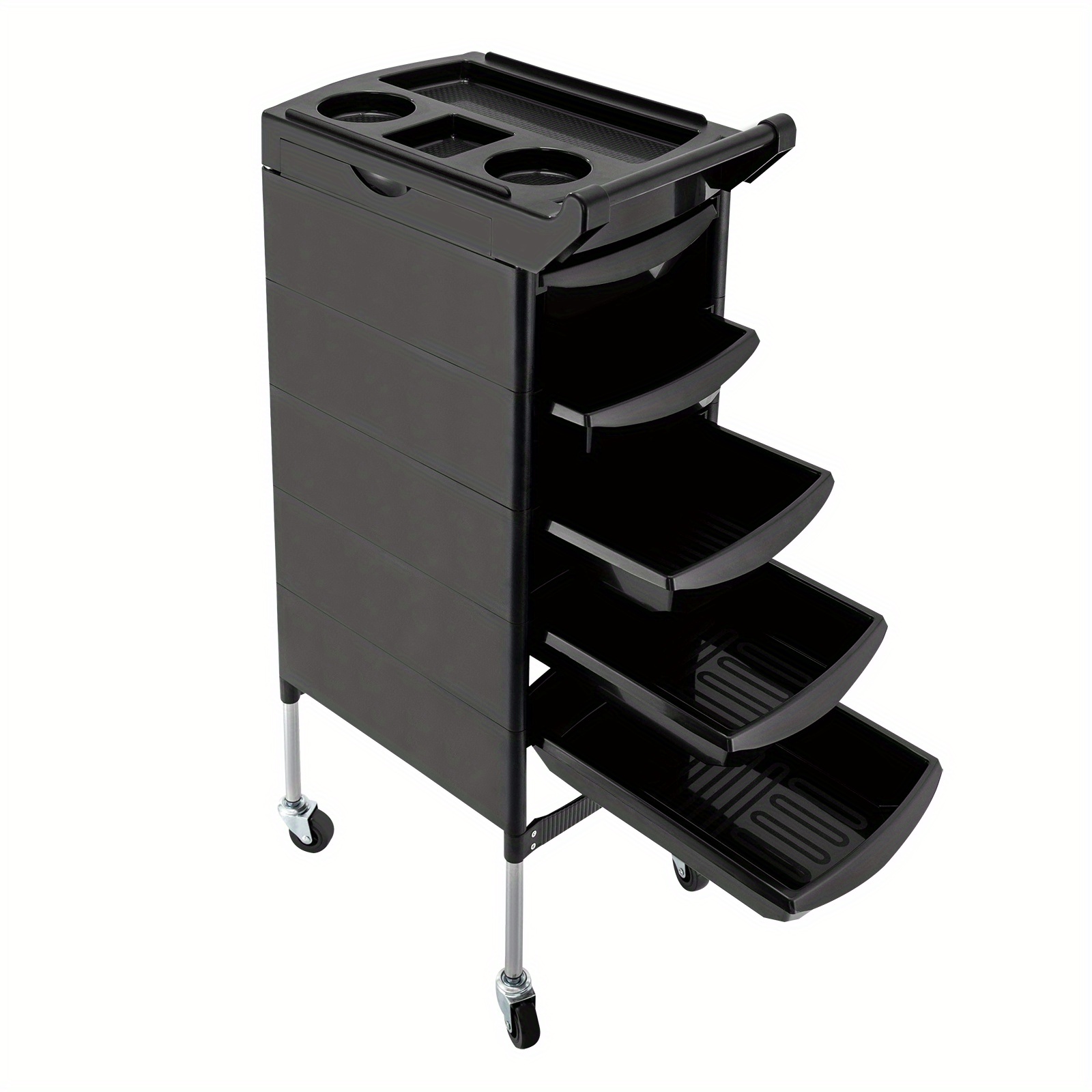 Image of Beauty Rolling Salon Trolley Spa Cart Equipment Storage, With Handle And Rolling Wheels, 5 Drawers And 2 Hair Dryer Holder Side Tray, Black