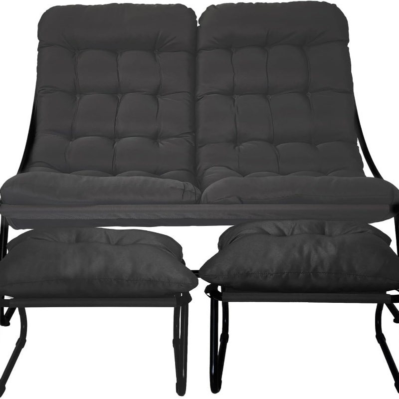 Two-person Leisure Chairs With Matching Footstools, Extra-wide Lounge Chairs Designed For Relaxation, Featuring Cushions That Are 7 Centimeters Thick, In Black And Gray For Terrace Use