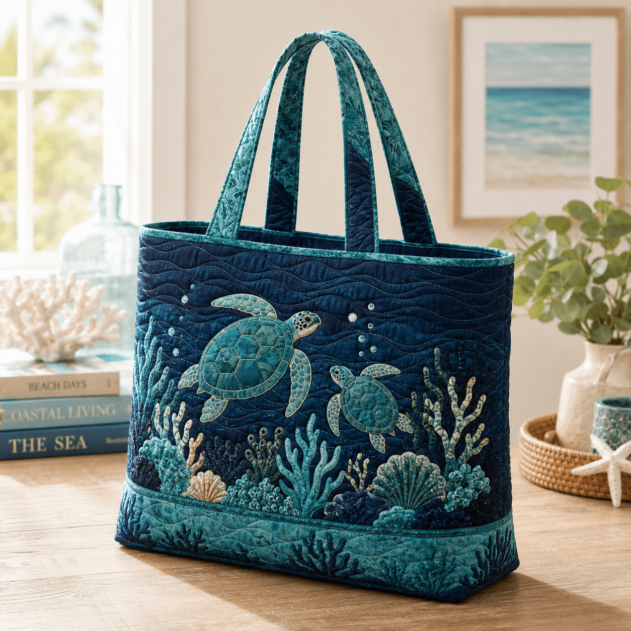 TEMU Women' Large Capacity Quilted Tote Bag Suitable For Travel, School, Gym & Work - Ocean-themed Teal Navy Sea Turtle & Handheld Bag With Zipper