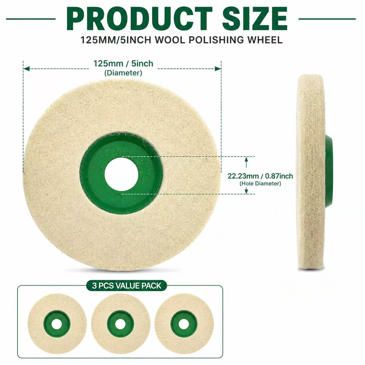 TEMU 3 piezas de discos de de lana de 5 pulgadas, almohadillas de de fieltro de 125 mm, diámetro de orificio de 22.2 mm, discos de de lana de