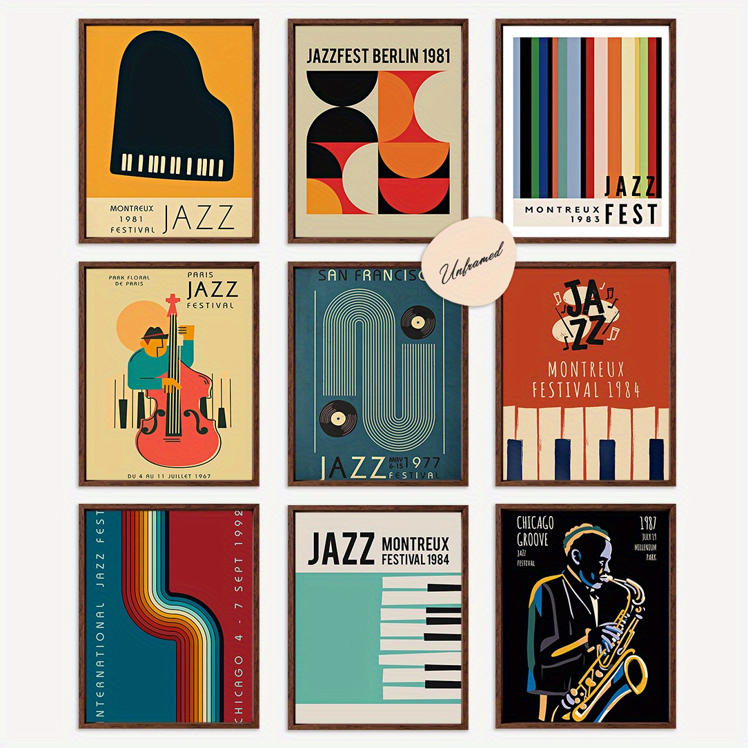2d flach, 2d flach, ungerahmtes 9-teiliges jazz musik wandkunst set, retro wandkunst set, vintage poster, musik konzert kunst poster, geschenk für musikliebhaber,   für büro flur schlafzimmer wohnzimmer musikzimmer 8 x 10 zoll