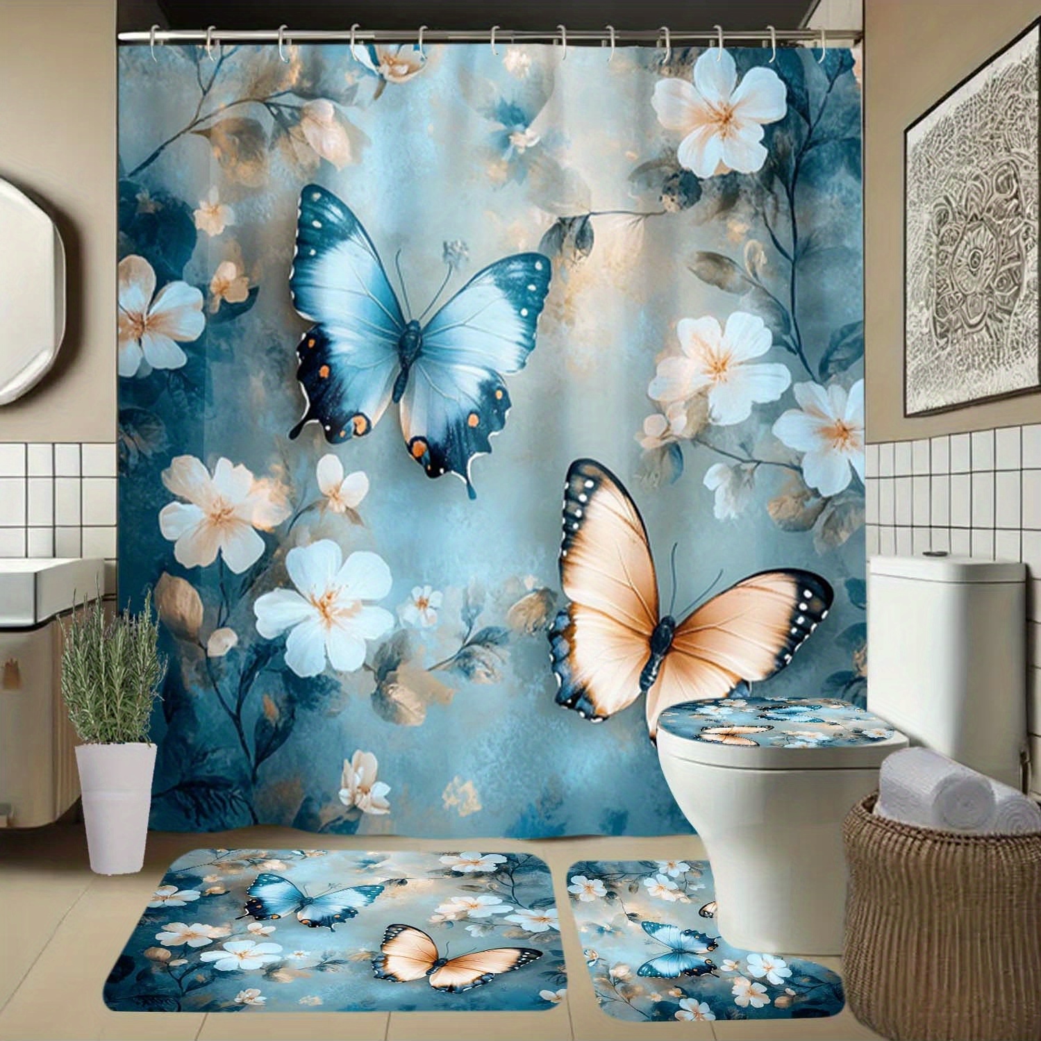 1/3/4 piezas cortina ducha mariposas flores - Temu Ecuador, image size:1499x1499