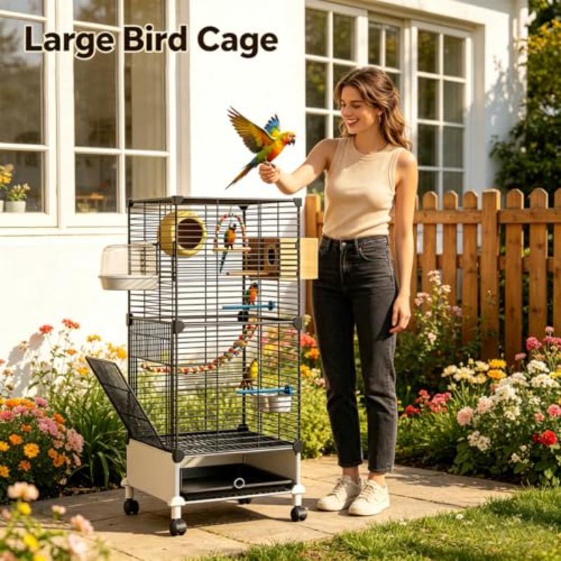 95Cm Large Bird Cage with Perches Parakeet Cage with Slide-Out Tray Water Bottle And Feeder Birdcages for Parrot Parakeets Cockatiel Lovebird Pigeon Small Mid-Sized Bird Black