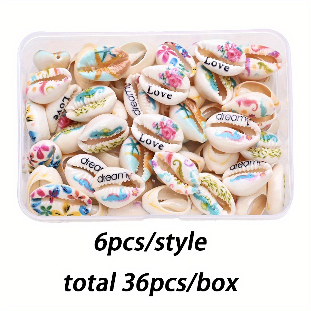 TEMU 36pcs Seahorse Starfish Shell Beads No Hole Color Flower Print Natural Seashell Beads - For Jewelry Making Braided Bracelet, Necklace & Anklet -
