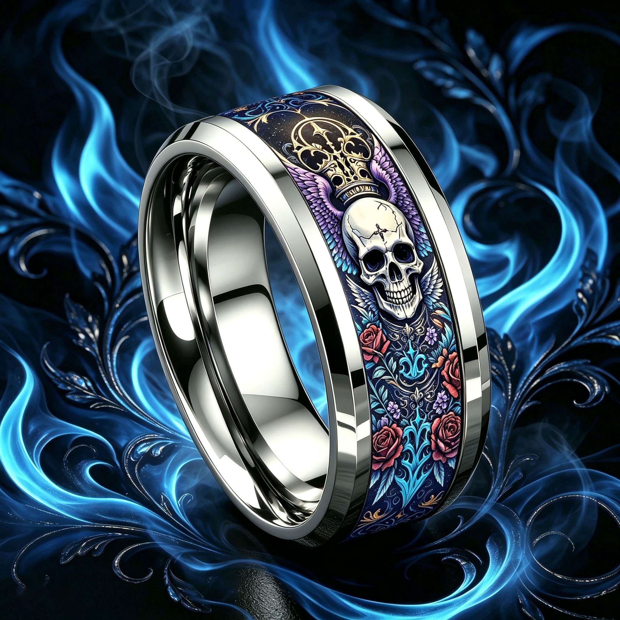Crown Wing Skull Red Rose 304L Stainless Steel Ring
