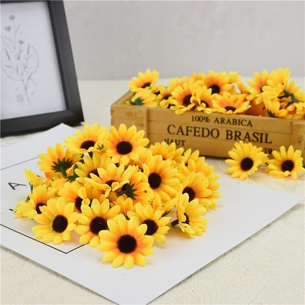 

20/50pcs Artificial Sunflower Heads, Mini Fabric Flowers For Diy Crafts, Wreaths, Wedding Decor, Floral Embellishments, Home & Party Decor