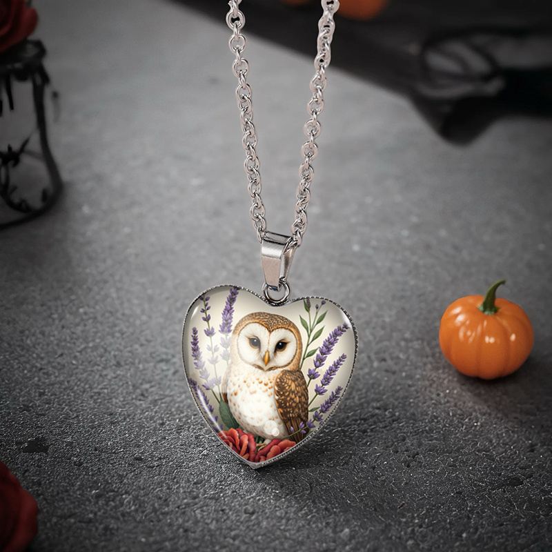 TEMU 1 Lavender Owl Heart Necklace Glass Pendant Handmade Men's Jewelry