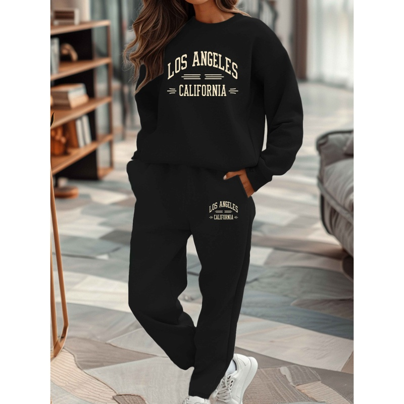 

Los Angeles California Women's Casual Polyester Tracksuit, Crew Neck Knit Fabric Sweatshirt And Sweatpants Set, Geometric Pattern, For Fall/winter