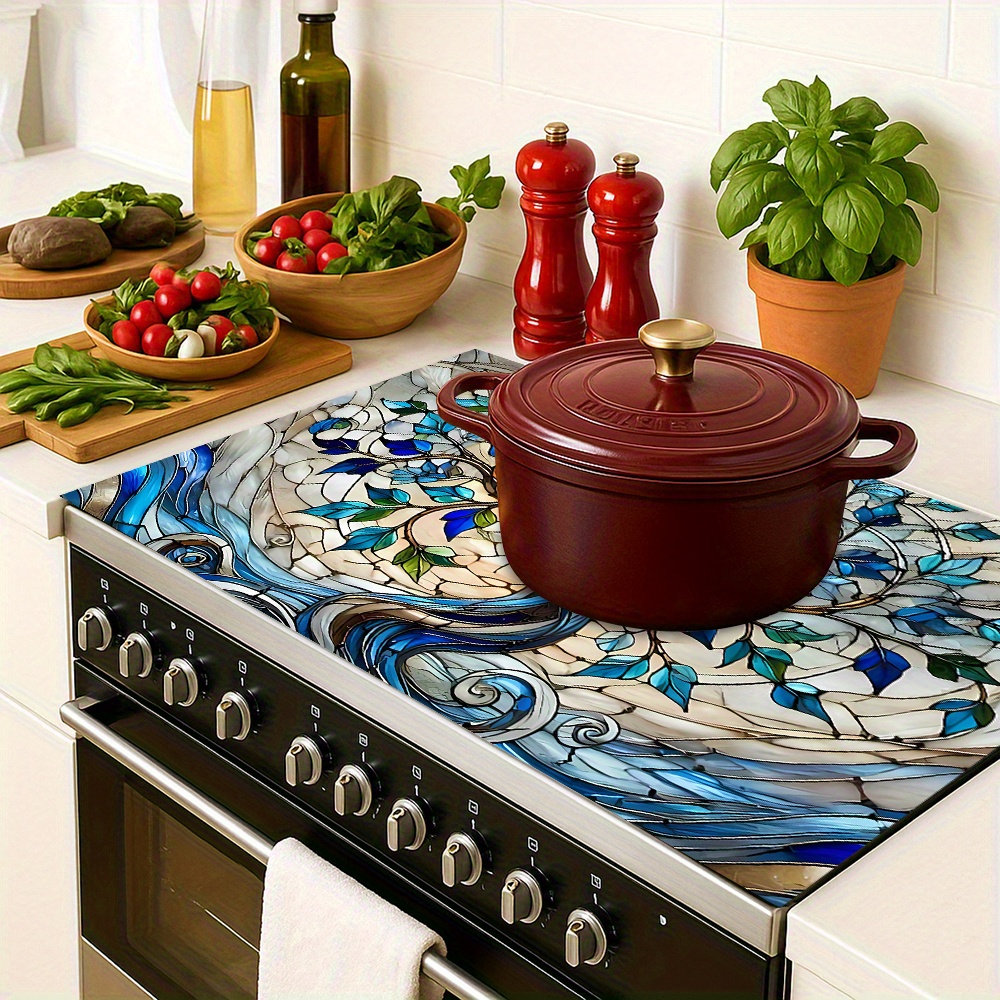 TEMU 1pc 19.68x27. Heat-resistant Polyester Stove Cover | Stained Leaf Design, Kitchen Countertop Protector And Heat Insulation Pad, For Home