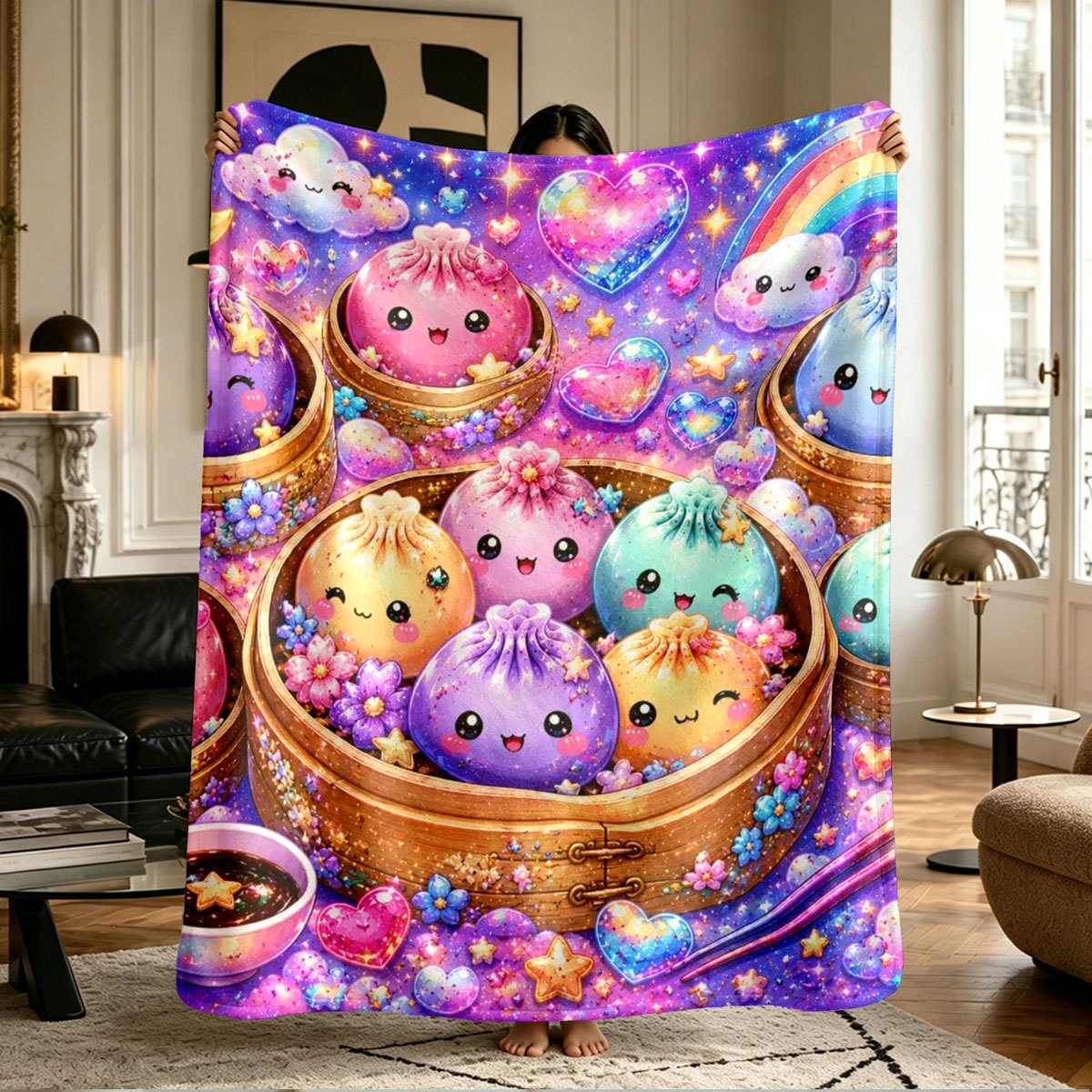 TEMU 1pc Soft Starry Sky Glitter Dumpling Print Flannel Blanket - Warm And Comfortable, Anti-pilling And Shed-resistant, Machine Washable For ,
