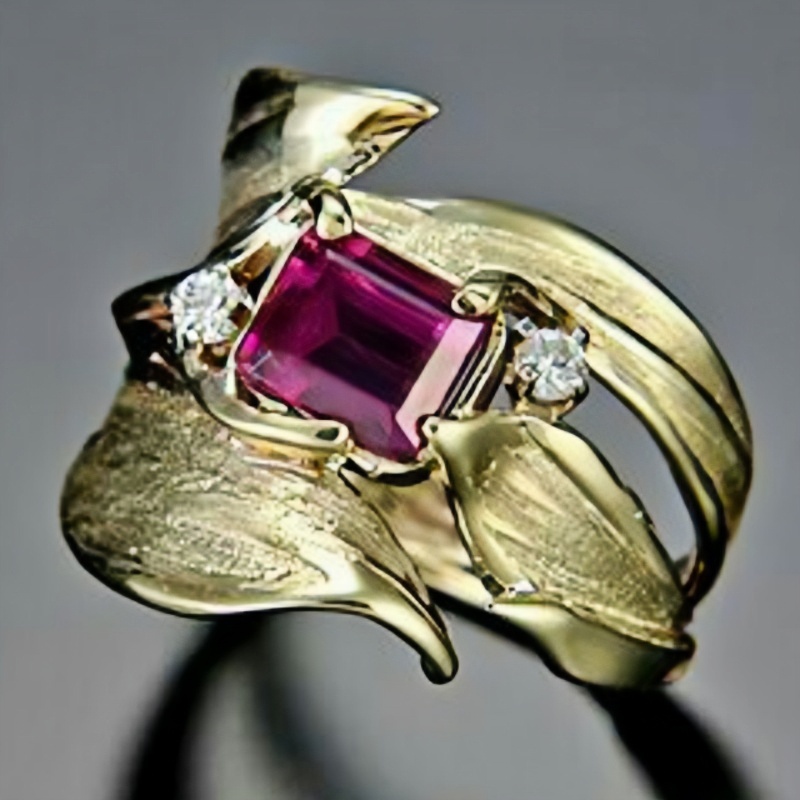 Retro Red Zirconia Wide Leaf Ring, Elegant Design