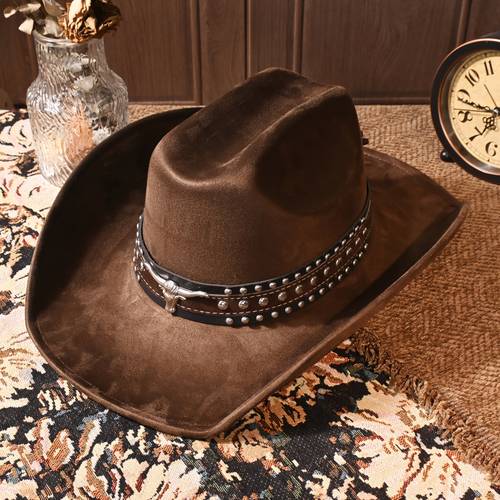 1 metal studded two tone leather belt crease shaped cowboy hat faux suede material style stylish and fashionable