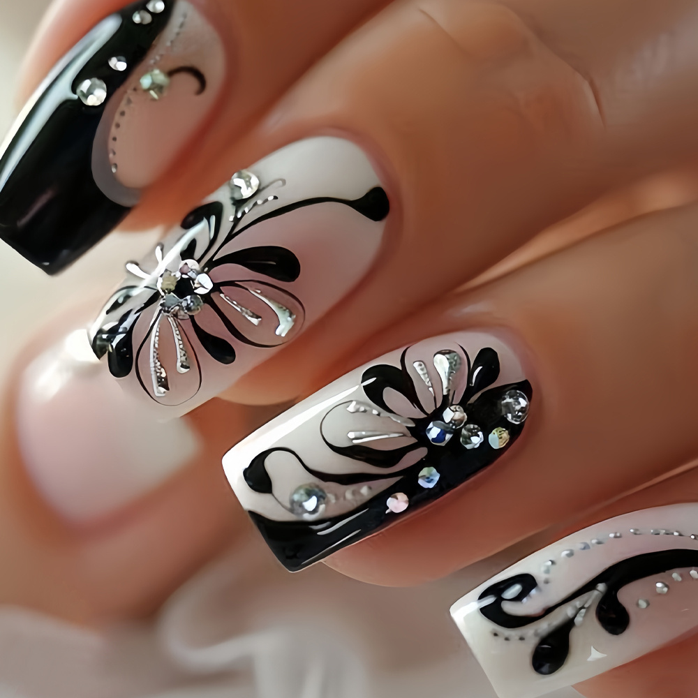 

24pcs Elegant Black & White Floral -on Nails Set With Sparkling Rhinestones - , Square Shape, Medium Length - Includes Jelly Glue & Nail File, Ideal For Fashion- Women And Girls