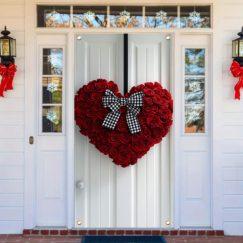 

2d Door Banner 1pc Valentine's Day Heart-shaped Rose Garland, Polyester Door Cover Decoration, Hanging Ornament, No Electricity Required, Featherless, With Indoor & Outdoor Photo Booth Prop For Use