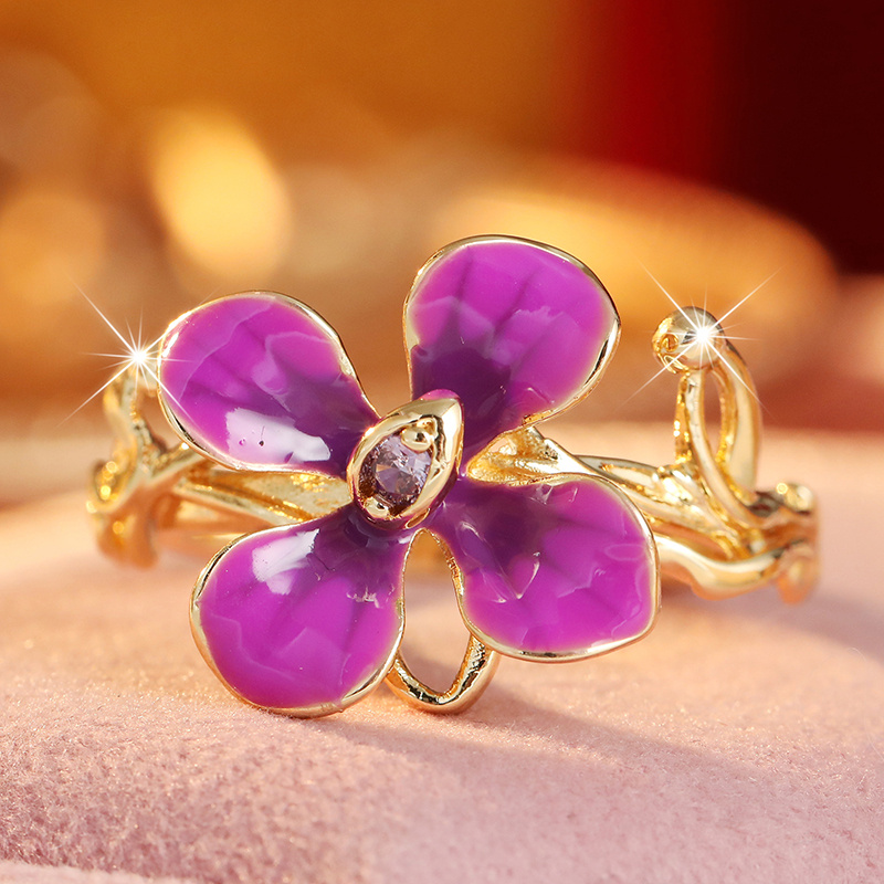 Women's Exquisite Golden Enamel Flower Ring, Cute Gift