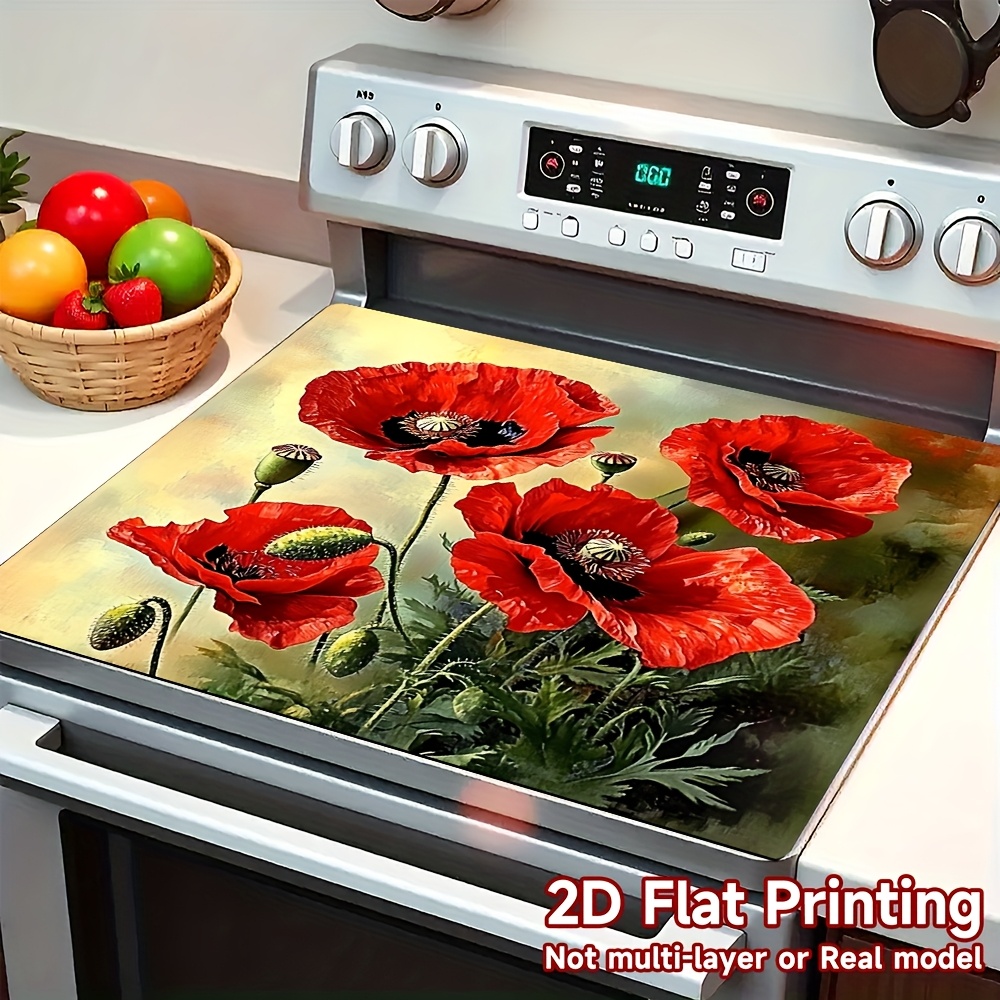TEMU Tapis de pour Brûleur de Cuisinière 2D - Décor de Cuisine Fleurs de Coquelicots Rouges, Antidérapant pour Plaques à Induction, aux Rayures et à