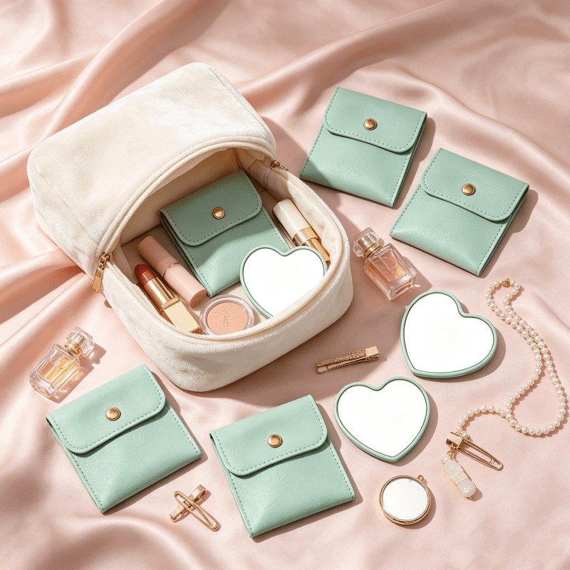 7pcs Green Heart-Shaped Portable Makeup Mirrors with Makeup Bags