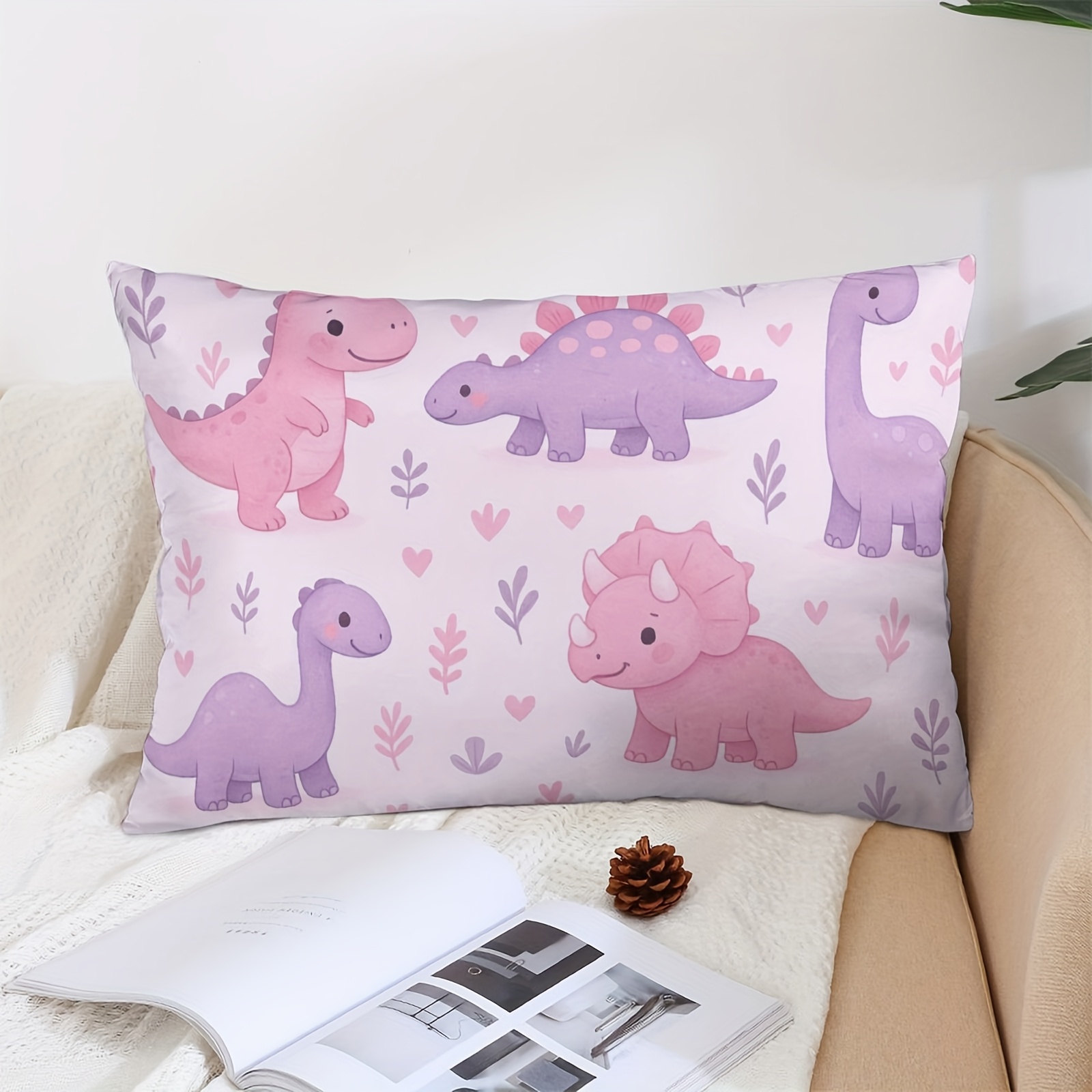 TEMU 1pc Pillowcase, Cute Dinosaur Pillowcase, Soft And Polyester Short Plush Fabric, Single-sided Printed Pattern, Stylish Short Plush Printed