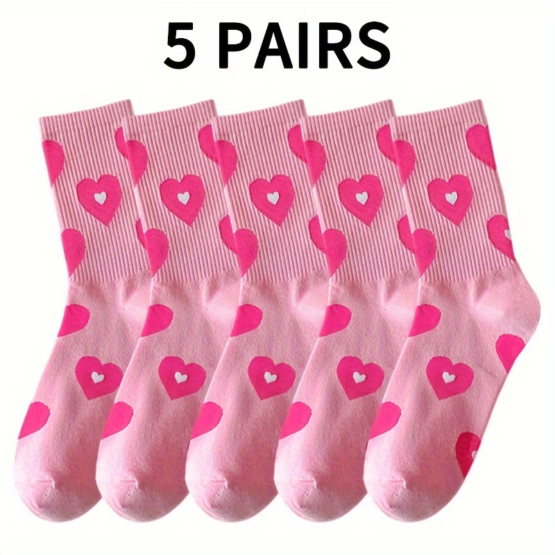 5/10 Pairs Of Heart Pattern Socks, Adorable & Breathable Mid-calf Socks For Valentine's Day, Women's Stockings & Below Knee Socks