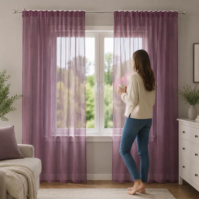 Image of Curtains 2 Panels Purple Rod Pocket Sheer Window Drapes Soft Light Filtering Privacy Decor For Living Room Bedroom Balcony Apartment(delivery Does Not Poles)